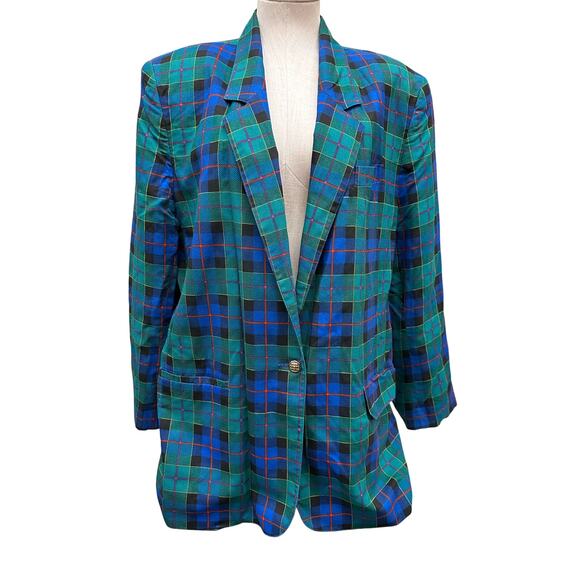 Leslie Fay Plus Size 80s Tartan Blue Green Plaid Blazer Size 18 - Picture 2 of 11